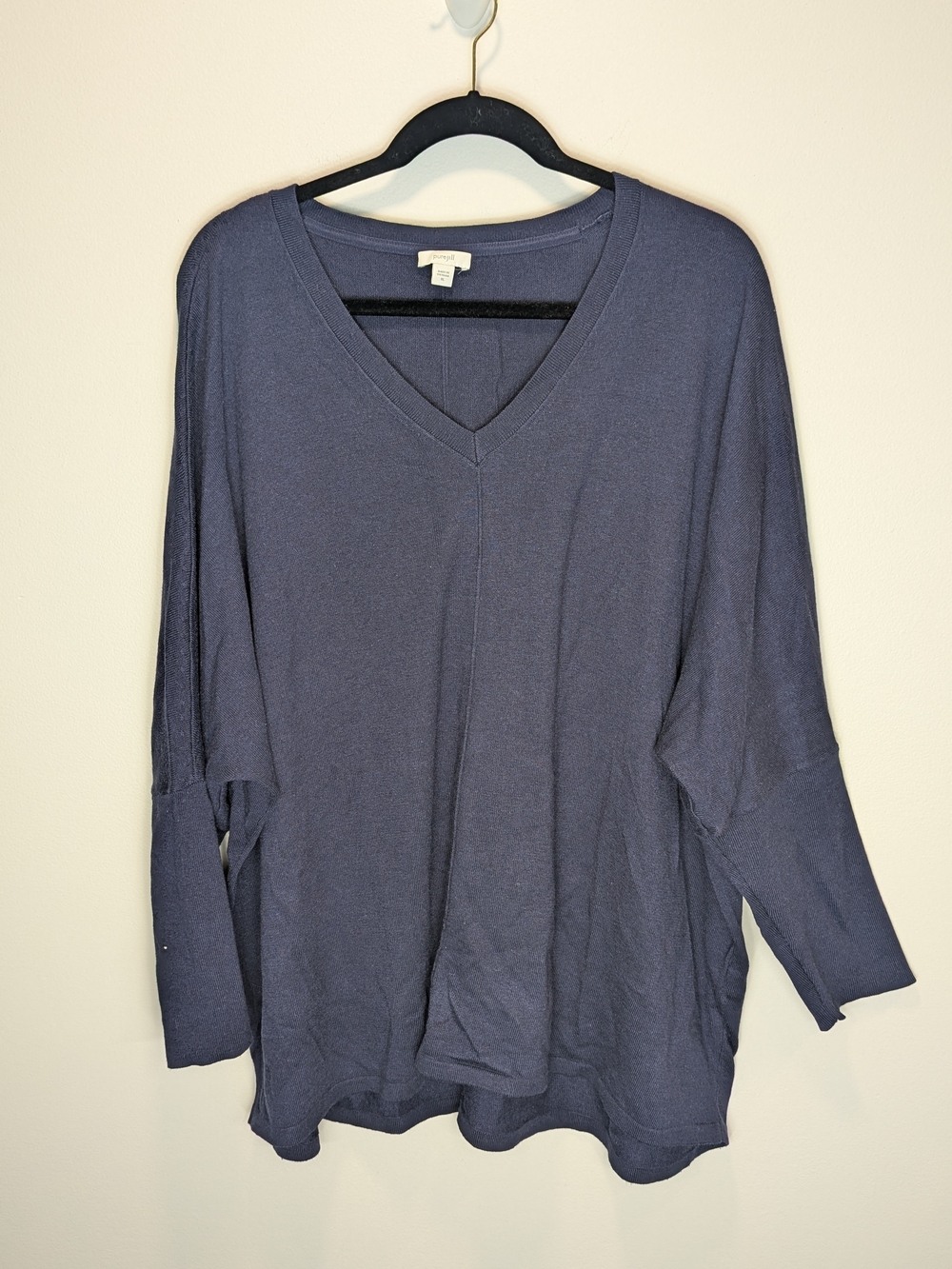 Pure Jill Women's V-Neck Navy Tunic Cocoon Shirt Cotton Viscose XL Minimalist